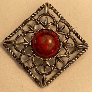 Sarah Coventry Red Stone Cabochon Silver Tone Brooch or Pendant